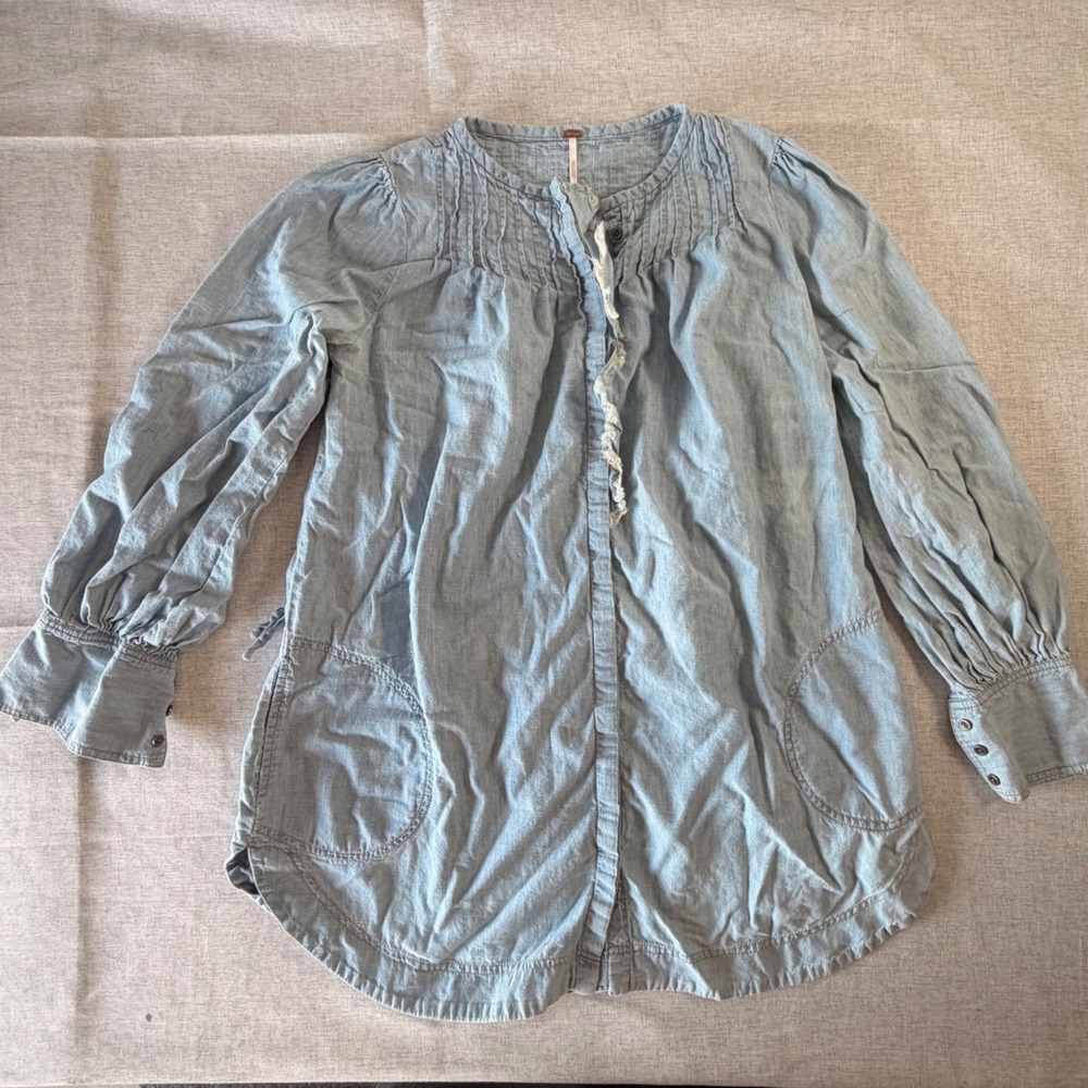 Free People Petite Cotton Hemp Pintuck Ruffle Tunic Top Blue XS OB1160452